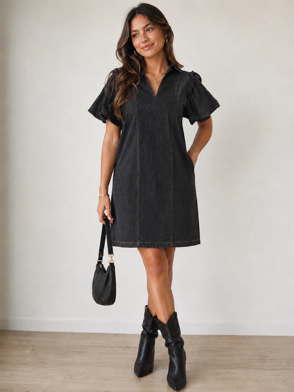 entro Black Denim V-Neck Flutter Sleeve Dress Sz. L